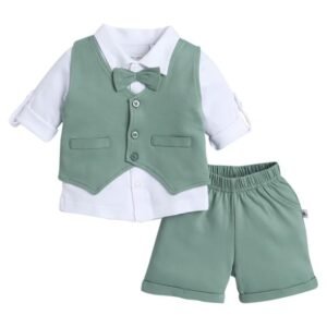 BUMZEE Boys Cotton Shirt Waistcoat & Short Set With Applique Bow