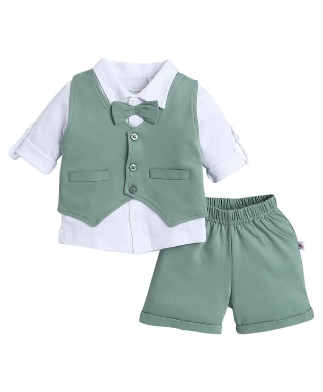 BUMZEE Boys Cotton Shirt Waistcoat & Short Set With Applique Bow