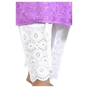 White cotton women’s palazzo pants with chikankari embroidery and lace cutwork hem detailing