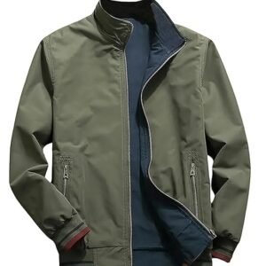 Men’s olive green zip-up casual jacket with side pockets and stand collar.