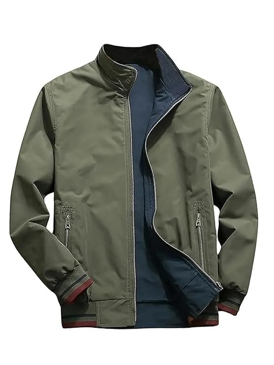 Men’s olive green zip-up casual jacket with side pockets and stand collar.