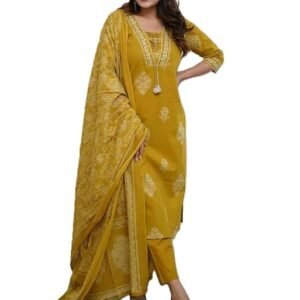 Mustard yellow embroidered kurta set for women with palazzo pants and matching dupatta