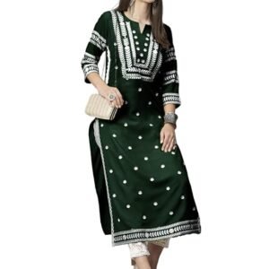 Women’s traditional Indian outfit green kurti with white embroidery work