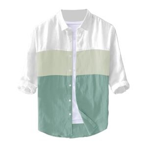 Men’s White & Green Colour Block Casual Shirt – Summer Half Sleeve Button-Down