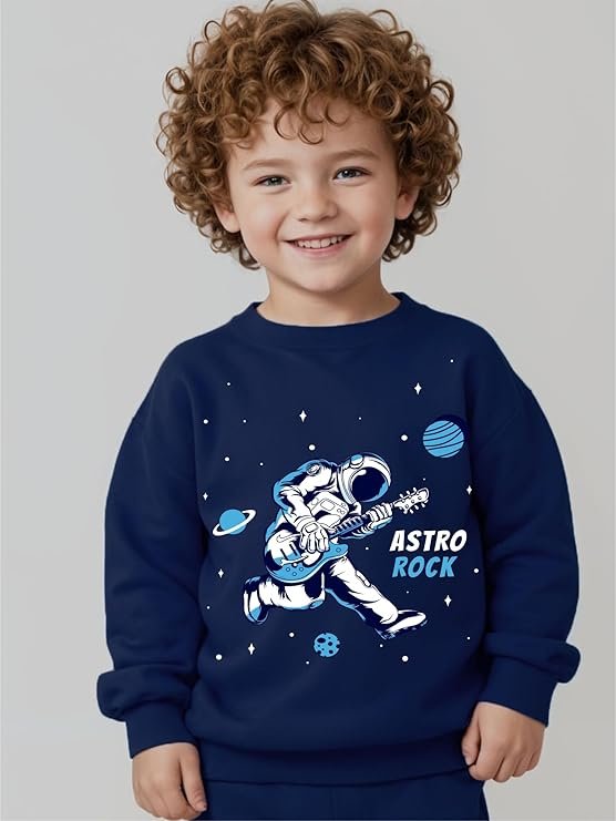 Boys printed pullover sweatshirts in red, blue, and yellow with cartoon and typography graphics