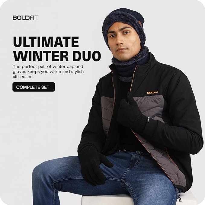 Men’s Winter Woolen Beanie Cap, Gloves & Neck Warmer Set – Warm Fleece Lined Combo - Image 3