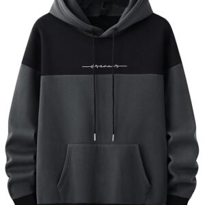 Black and grey color block men’s hoodie with adjustable drawstring hood and front kangaroo pocket on white background