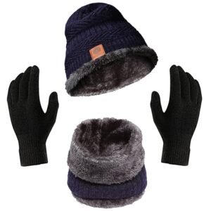 Men’s Winter Woolen Beanie Cap, Gloves & Neck Warmer Set – Warm Fleece Lined Combo