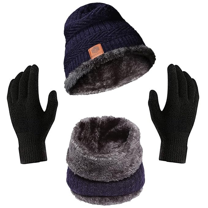 Men’s Winter Woolen Beanie Cap, Gloves & Neck Warmer Set – Warm Fleece Lined Combo