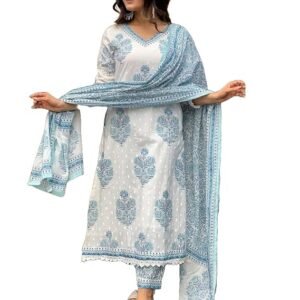 Nermosa Women Cotton Block Printed Kurta Pant With Dupatta