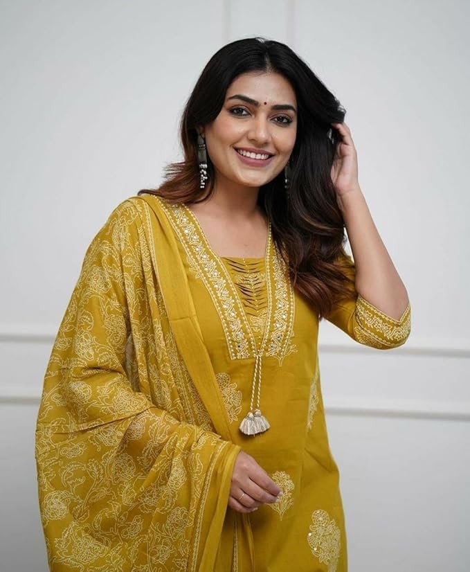 Mustard yellow embroidered kurta set for women with palazzo pants and matching dupatta
