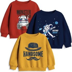 Boys printed pullover sweatshirts in red, blue, and yellow with cartoon and typography graphics