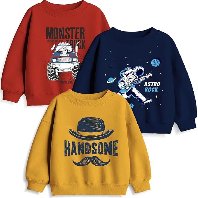 Boys printed pullover sweatshirts in red, blue, and yellow with cartoon and typography graphics