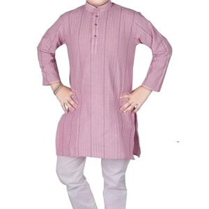 Young boy wearing a pink striped kurta with pajama pants and traditional shoes.