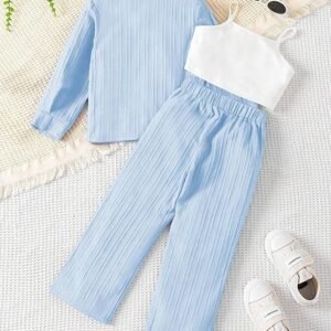Girls’ 3-Piece Casual Outfit Set – Ribbed Top, Pants & Inner Camisole