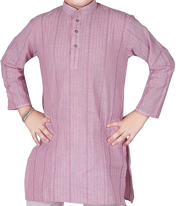 Young boy wearing a pink striped kurta with pajama pants and traditional shoes.