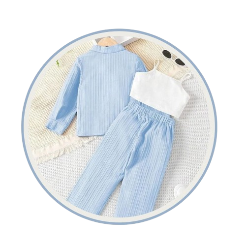 Light blue and white kids outfit set with shirt, top, and pants